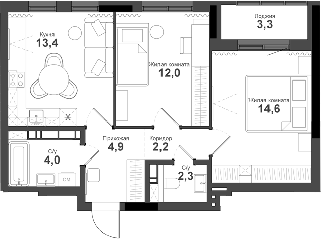 Планировка 2-к.кв 53.40 м² в ЖК «Тайгинский парк»