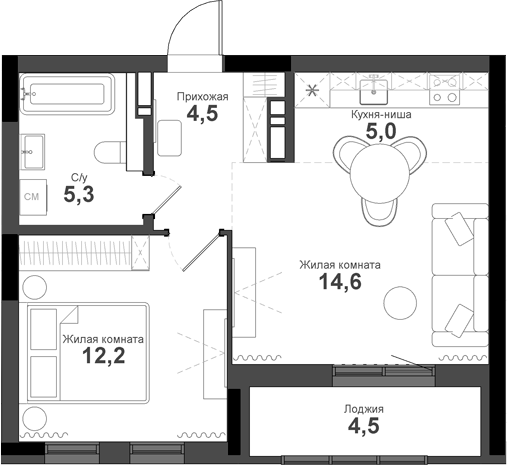 Планировка 2е-к.кв 41.60 м² в ЖК «Тайгинский парк»
