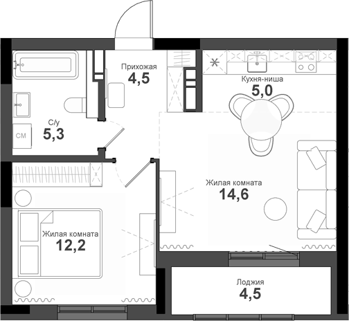 Планировка 2е-к.кв 41.60 м² в ЖК «Тайгинский парк»