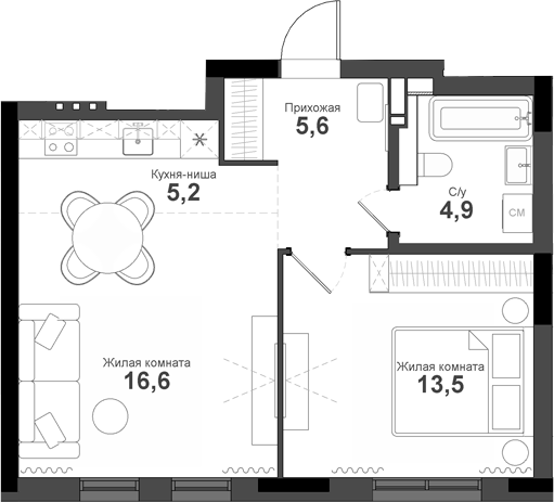 Планировка 2е-к.кв 45.80 м² в ЖК «Тайгинский парк»