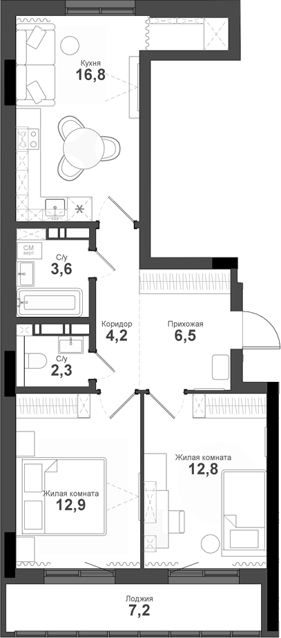 Планировка 2-к.кв 59.10 м² в ЖК «Тайгинский парк»