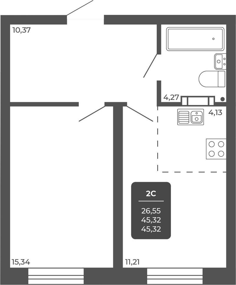 Планировка 2е-к.кв 45.32 м² в ЖК «НОВА АПАРТ»