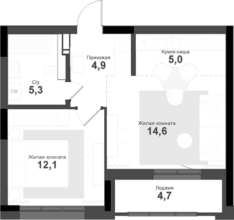 Планировка 2е-к.кв 42.00 м² в ЖК «Тайгинский парк»
