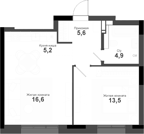 Планировка 2е-к.кв 45.80 м² в ЖК «Тайгинский парк»