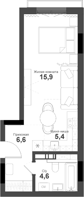 Планировка студии 33.50 м² в ЖК «Тайгинский парк»