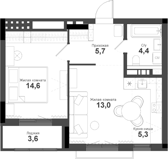 Планировка 2е-к.кв 44.00 м² в ЖК «Тайгинский парк»