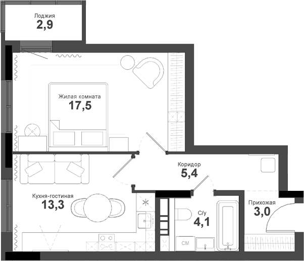 Планировка 1-к.кв 43.30 м² в ЖК «Тайгинский парк»