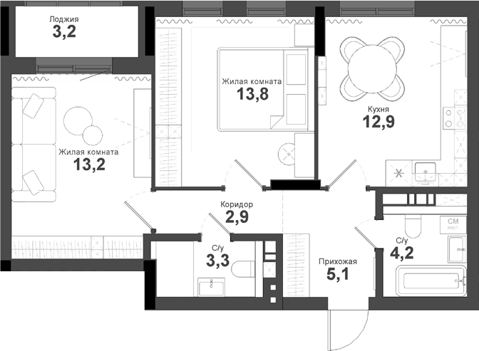Планировка 2-к.кв 55.60 м² в ЖК «Тайгинский парк»