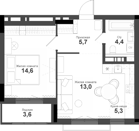 Планировка 2е-к.кв 44.00 м² в ЖК «Тайгинский парк»