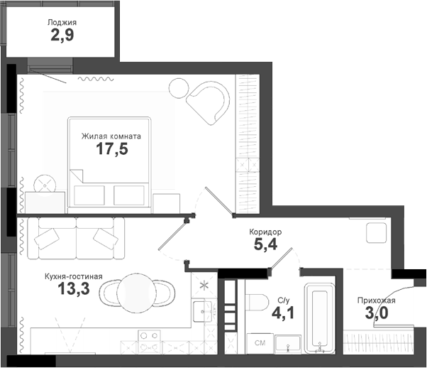 Планировка 1-к.кв 43.30 м² в ЖК «Тайгинский парк»