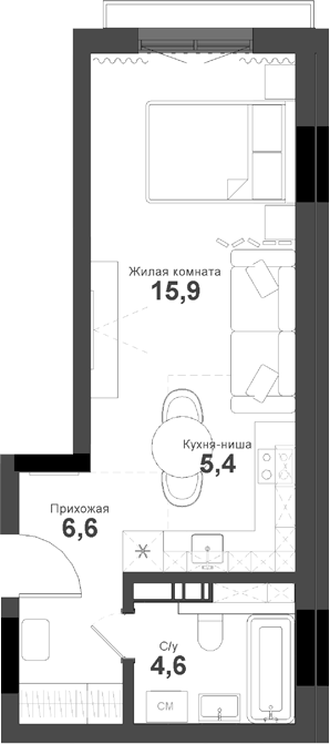 Планировка студии 33.50 м² в ЖК «Тайгинский парк»