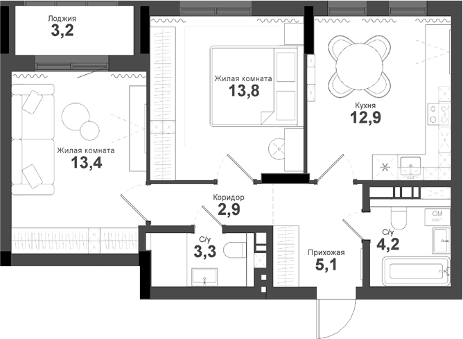 Планировка 2-к. квартира 55.60 м² в ЖК «Тайгинский парк»