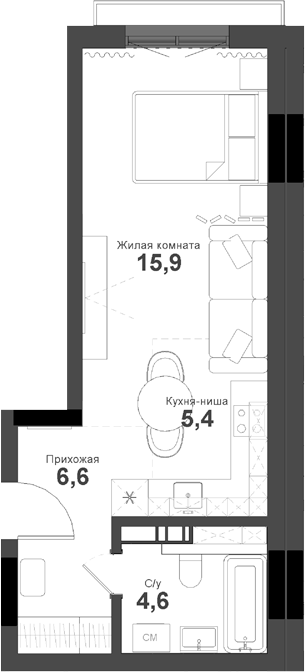 Планировка студии 33.50 м² в ЖК «Тайгинский парк»