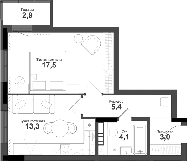 Планировка 1-к.кв 43.30 м² в ЖК «Тайгинский парк»