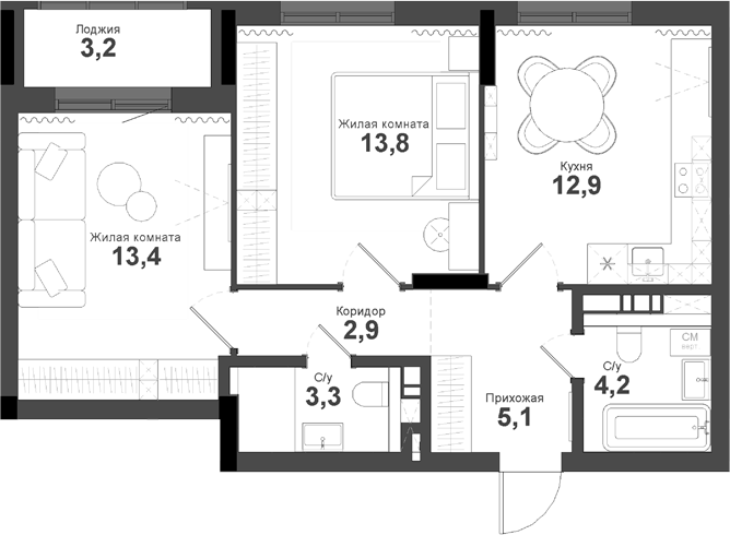 Планировка 2-к.кв 55.60 м² в ЖК «Тайгинский парк»