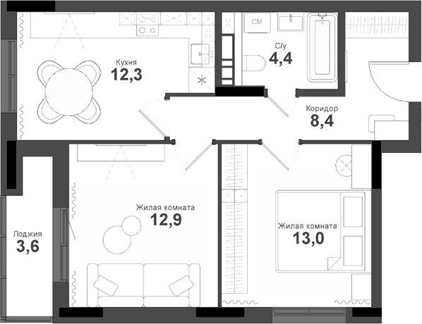 Планировка 2-к.кв 51.00 м² в ЖК «Тайгинский парк»