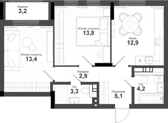Планировка 2-к.кв 55.60 м² в ЖК «Тайгинский парк»