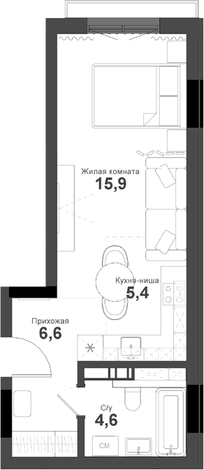 Планировка студии 33.50 м² в ЖК «Тайгинский парк»