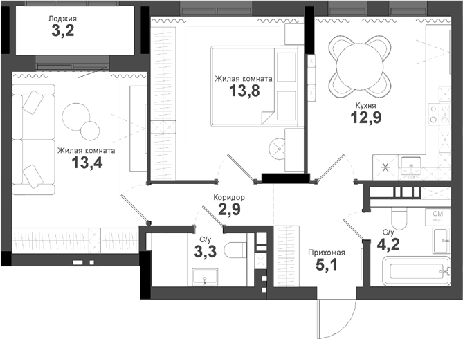 Планировка 2-к.кв 55.60 м² в ЖК «Тайгинский парк»