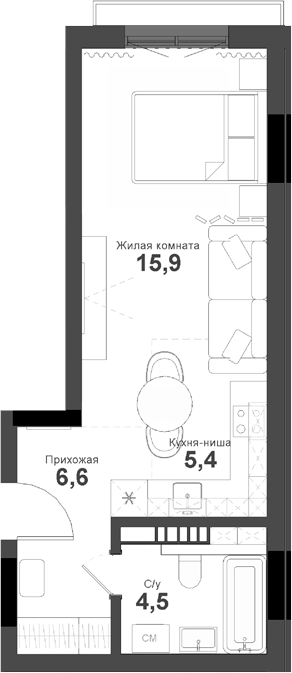 Планировка студии 33.40 м² в ЖК «Тайгинский парк»