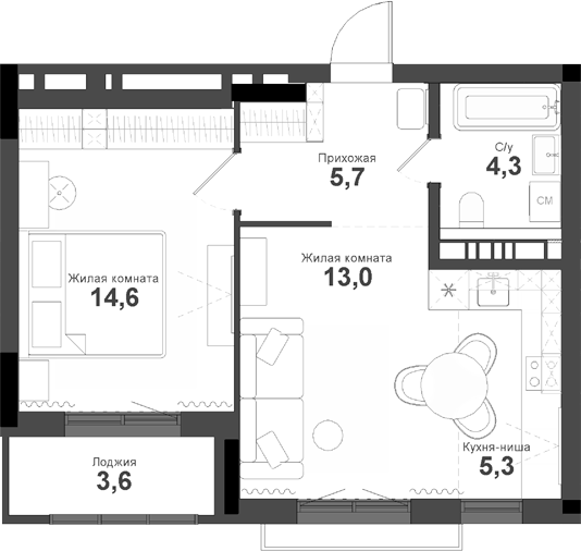 Планировка 2е-к.кв 43.90 м² в ЖК «Тайгинский парк»