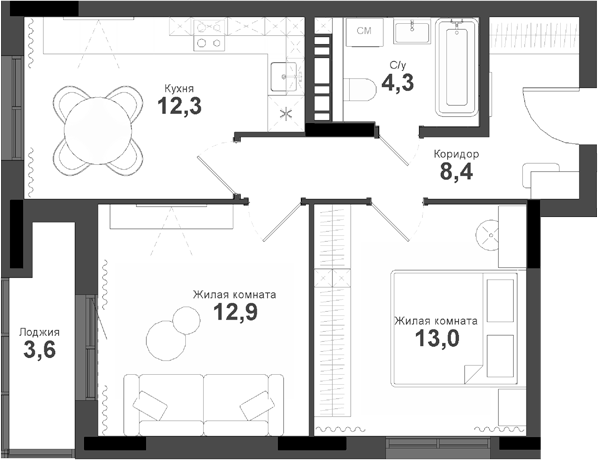 Планировка 2-к.кв 50.90 м² в ЖК «Тайгинский парк»