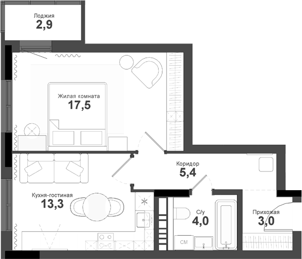 Планировка 1-к.кв 43.20 м² в ЖК «Тайгинский парк»