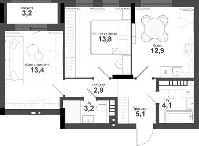 Планировка 2-к.кв 55.40 м² в ЖК «Тайгинский парк»