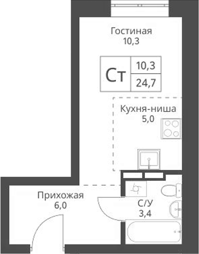 Планировка студии 24.70 м² в ЖК «Экоград 12 дворов»
