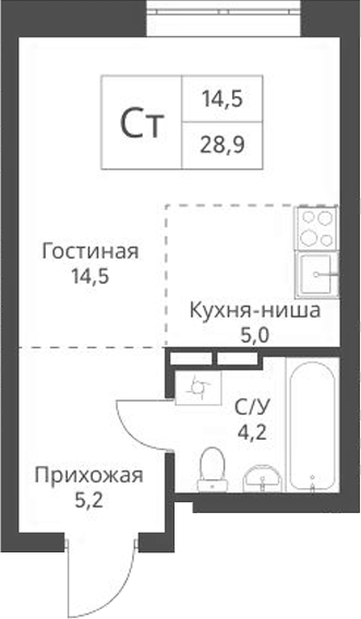 Планировка студии 28.90 м² в ЖК «Экоград 12 дворов»