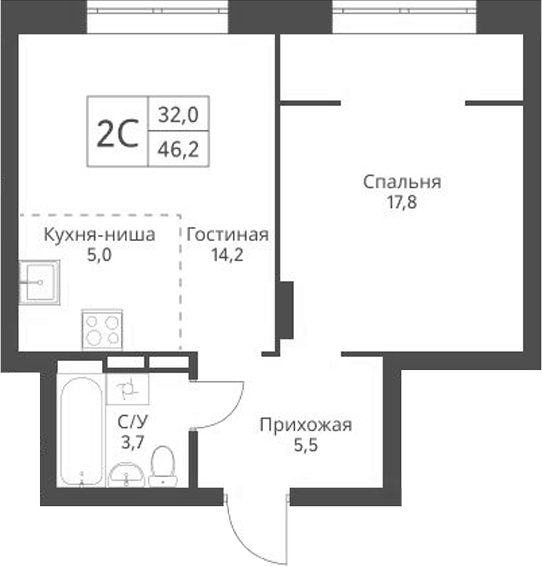 Планировка 2е-к.кв 46.20 м² в ЖК «Экоград 12 дворов»
