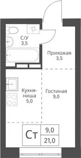 Планировка студии 21.00 м² в ЖК «Экоград 12 дворов»