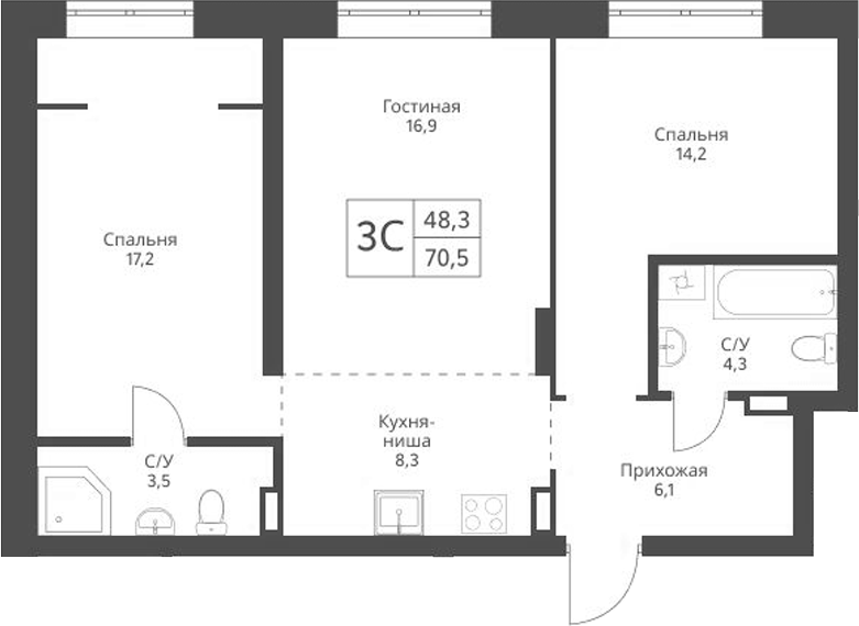 Планировка 3е-к.кв 70.50 м² в ЖК «Экоград 12 дворов»