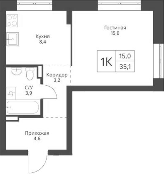 Планировка 1-к.кв 35.10 м² в ЖК «Экоград 12 дворов»