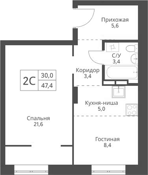 Планировка 2е-к.кв 47.40 м² в ЖК «Экоград 12 дворов»