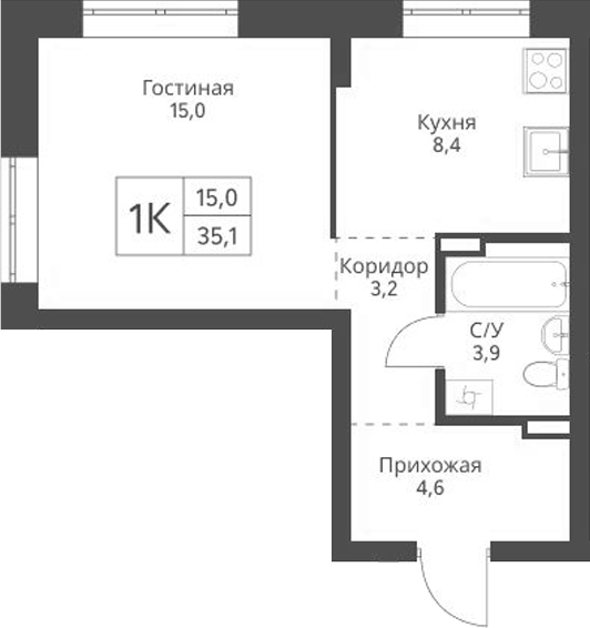 Планировка 1-к.кв 35.10 м² в ЖК «Экоград 12 дворов»