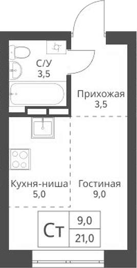 Планировка студии 21.00 м² в ЖК «Экоград 12 дворов»