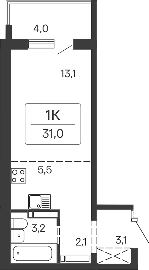 Планировка студии 27.00 м² в ЖК «Квартал Сосновый Бор»