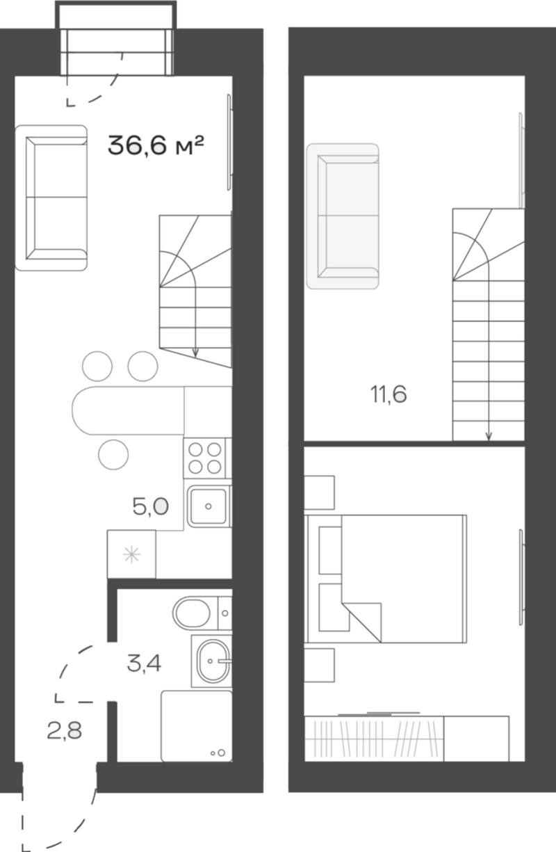 Планировка своб. план. 36.64 м² в ЖК «Freedom Village»