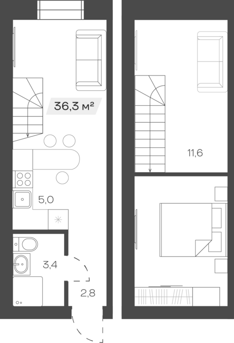 Планировка своб. план. 36.33 м² в ЖК «Freedom Village»