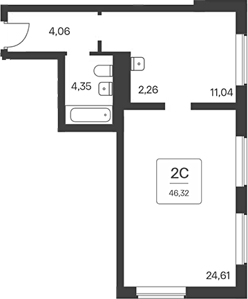 Планировка 2е-к.кв 46.32 м² в ЖК «Тайм Парк апартаменты»
