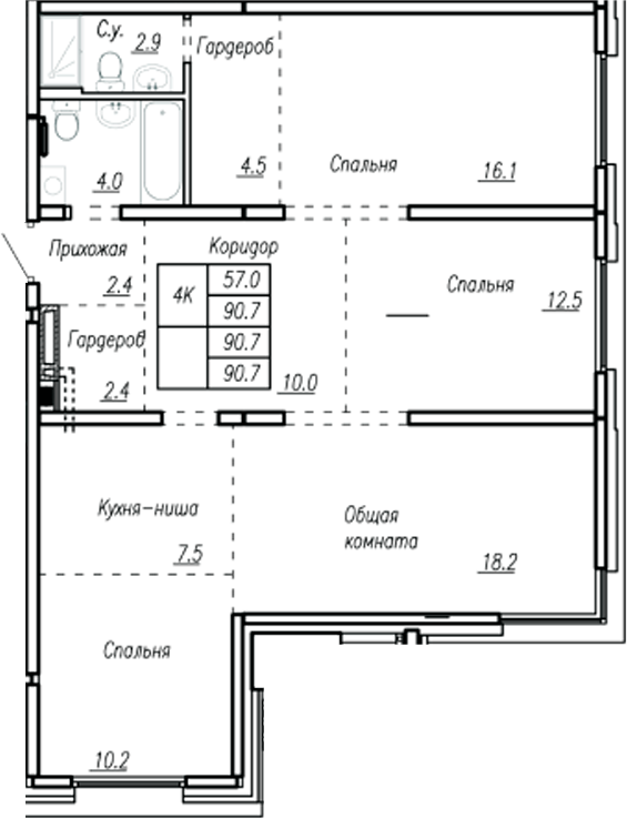 Планировка 4-к.кв 90.70 м² в ЖК «Дом культуры. Барнаул»