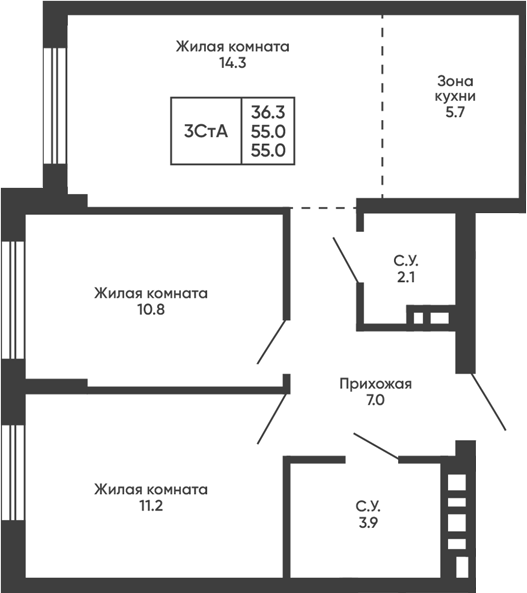 Планировка 3е-к.кв 55.00 м² в ЖК «Сподвижники»