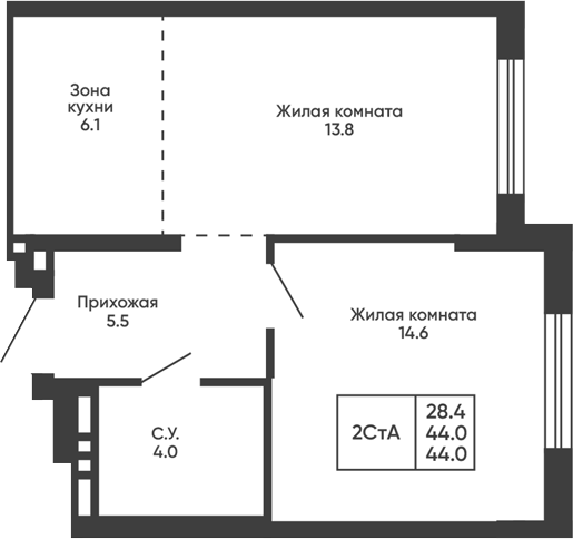 Планировка 2е-к.кв 44.00 м² в ЖК «Сподвижники»
