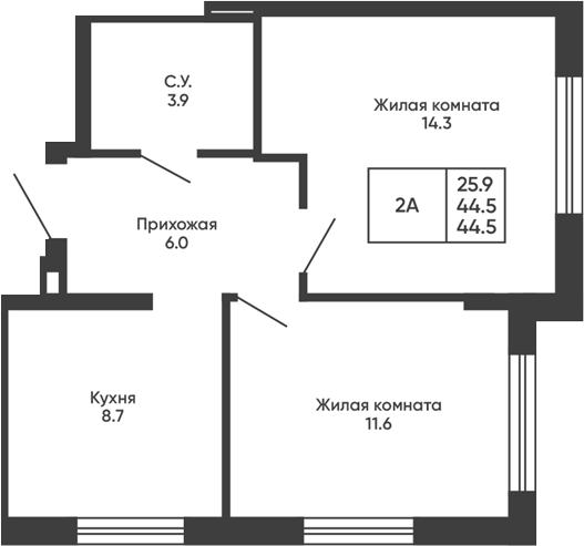 Планировка 2-к.кв 44.50 м² в ЖК «Сподвижники»