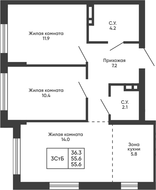 Планировка 3е-к.кв 55.60 м² в ЖК «Сподвижники»