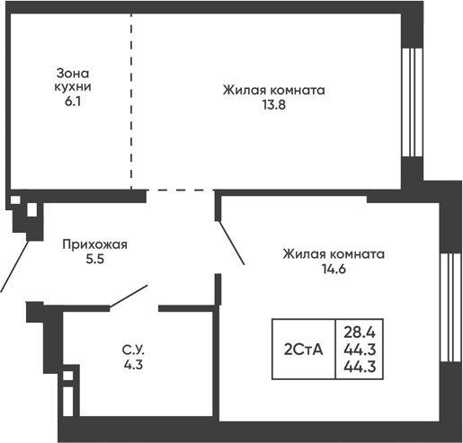 Планировка 2е-к.кв 44.30 м² в ЖК «Сподвижники»