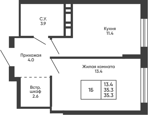 Планировка 1-к.кв 35.30 м² в ЖК «Сподвижники»