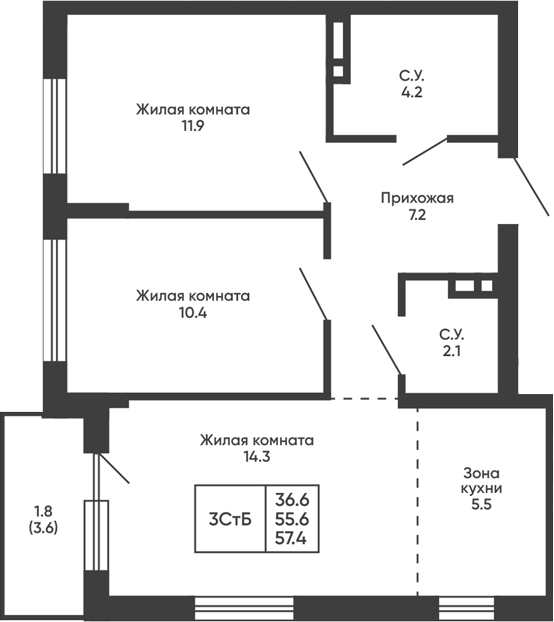Планировка 3е-к.кв 55.60 м² в ЖК «Сподвижники»