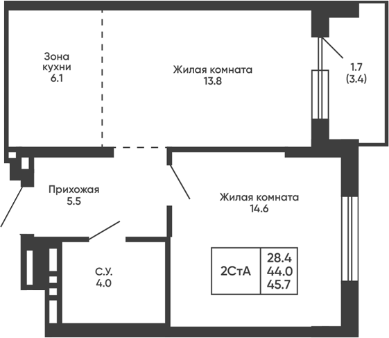 Планировка 2е-к.кв 44.00 м² в ЖК «Сподвижники»